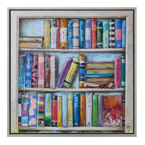 Paintings Of Bookshelves, Painted Bookshelves, Xmas Presents, Wall Sculpture Art, Library Books, Miniature Painting, Wall Sculptures, Sculpture Art, Art Projects