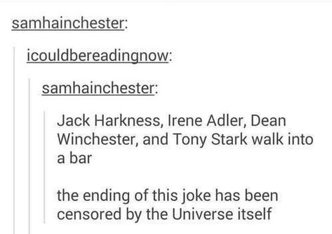 Hehehe. Superwholock<<Tony feels left out by this comment Superwholock Crossovers, Supernatural Doctor Who Crossover, Doctor Strange Memes Funny, Doctor Strange Memes, Jack Harkness, Doctor Who Memes Funny, Mrs Hudson, Fandoms Unite, Sherlock Fandom