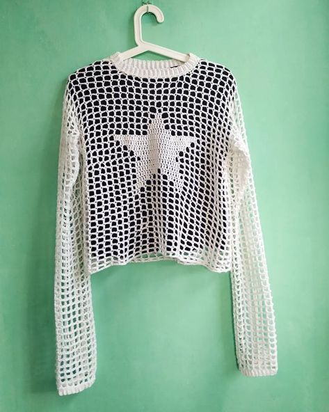 Star Mesh Crochet Top, Crochet Mesh Star Sweater Pattern, Knit Star Top, Mesh Sweater Outfit, Star Sweater Crochet, Crochet Star Sweater, Mesh Star Top, Crochet Star Top, Skeleton Jumper