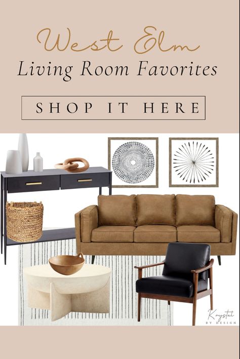 West Elm Favorites 
Living Room Design Idea featuring cognac leather sofa, leather chair, coffee table, rug, console table, vases, basket and wall decor. 
#HomeDecor #LTKDesign #InteriorDesign #livingroom Bedroom Colour Schemes Neutral, West Elm Living Room, Cognac Leather Sofa, West Elm Inspired, Small Apartment Living, Bedroom Color Schemes, Inspired Living, Sofa Sale, Small Space Living