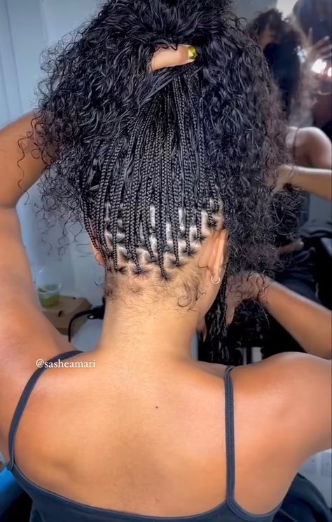 Curly Individual Braids, Plaits With Curly Ends, Small Bob Boho Knotless Braids, Bra Strap Length Knotless Braids, Small Short Boho Knotless Braids, Tiny Braids For Black Women, Micro Braids With Human Hair, Micro Braids With Curly Ends, Individual Braids For Black Women