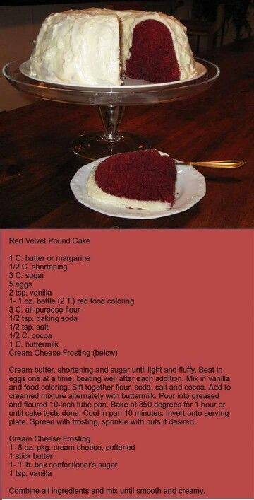 Red velvet pound cake Red Velvet Pound Cake, Resipi Kek, Velvet Cake Recipes, Recipes Baking, Bundt Cakes Recipes, Monkey Bread, Pound Cake Recipes, Velvet Cake, Red Velvet Cake