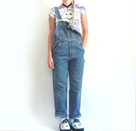 Cigarette Cut 90s Grunge Denim Bib Overalls size by ACTUALTEEN, $65.00 Overalls Undone, Overalls One Strap Down, Sewing Denim, Oversized Overalls, Grunge Denim, Vintage Nostalgia, Real Music, Denim Inspiration, 90s Baby