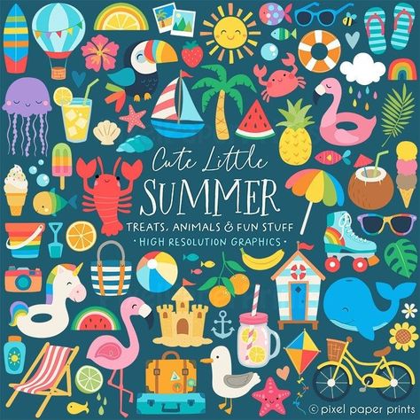 Summer Clip Art- Cute Little Summer Clipart - Over 200 graphics - Graphics - Bundle - Digital - Beach, animals, pool party, summer food Beach Animals, Summer Clip Art, Beach Graphics, Summer Graphics, Pool Party Summer, Print Planner, Summer Clipart, Graphic Design Tools, Party Summer