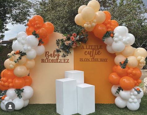 Chiara Arched Backdrop, Summer Baby Shower Themes, Arched Backdrop, Cutie Is On The Way, Gender Reveal Baby Shower Themes, Baby Shower Balloon Arch, Citrus Baby, Baby Shower Background, Gender Reveal Party Theme