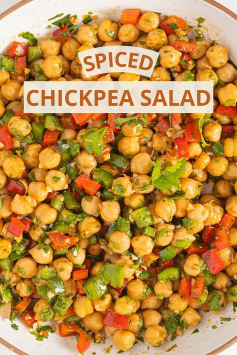 This 15 minute spiced chickpea salad is made with diced bell pepper, fresh herbs, Moroccan spices and lemon juice. The Mediterranean flavors make this a super refreshing and easy salad to make and enjoy as a side, snack or meal! Moroccan Chickpea Salad, Easy Chickpea Salad, Easy Salads To Make, Couscous Dishes, Chickpea Salad Recipe, Cooked Chickpeas, Moroccan Salad, Pea Salad Recipes, Mediterranean Flavors