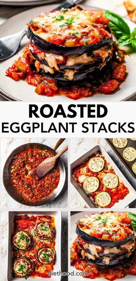 This stacked roasted eggplant recipe combines sweet oven roasted eggplants with savory homemade tomato sauce and gooey mozzarella cheese! #eggplant #vegetarian Roasted Eggplant Oven, Eggplant In Oven, Eggplant Oven, Diethood Recipes, Eggplant Stacks, Oven Roasted Eggplant, Roasted Eggplant Recipes, Tomatoes Dinner, Healthy Eggplant