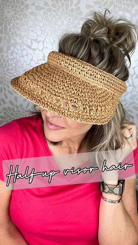 Ashley Erickson on Instagram: “Half-up hair for a visor 🙌🏻 Can be modified for long or short hair! . . #hairreels #reelhair #hairreel #hairstyles #haircut #haircolor…” Sun Visor Hairstyles, Visor Hat Hairstyles Short Hair, Visor Short Hair, Cute Visor Hairstyles, Hairstyles With Visors, Hairstyles For Visors Hats, Visor Hairstyles Cute, Hat Hairstyles Short Hair, Visor Hat Hairstyles