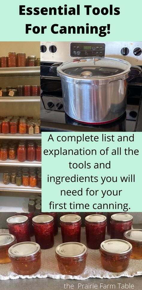 Canned items on a shelf, pressure canner on a stove, jelly made in jars. Basic Canning Instructions, First Time Canning Recipes, Canning Must Haves, Types Of Canning, Fufilling Food, Canning Essentials, Beginner Canning, Canning Basics, Canning Pantry