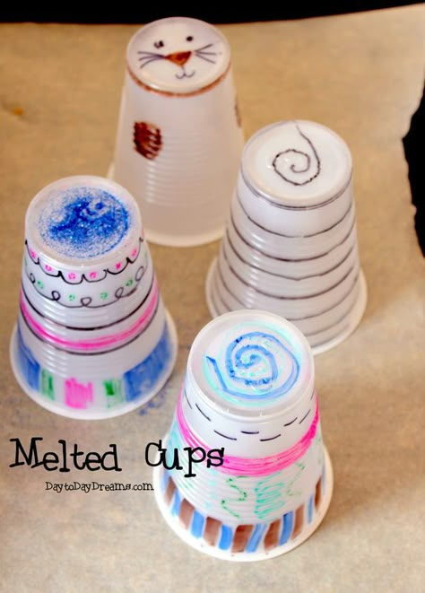 Melted Cups     DaytoDayDreams.com Clear Plastic Cups Crafts, Melting Cups Craft, Plastic Cup Shrinky Dink, Crafts With Plastic Cups, Melted Plastic Crafts, Dollar Store Crafts For Kids, Shrink Plastic Ideas, Shrinky Dink Ideas, Plastic Cup Crafts