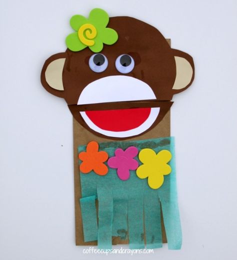 Luau Crafts for Kids! Make a Hula Monkey Puppet! Luau Crafts, Hawaii Crafts, Bag Puppet, Monkey Puppet, Hawaiian Crafts, Monkey Crafts, Paper Bag Puppets, Luau Theme Party, Preschool Projects