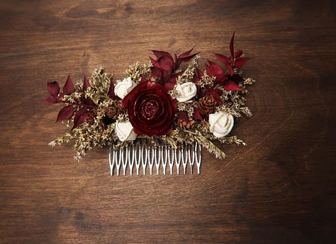 Burgundy gold HAIR COMB cedar rose dried flowers tiny cones Rustic Woodland Wedding, Rustic Wedding Hairstyles, Gold Hair Comb, Flowers Painted, Wedding Spot, Burlap Wedding, Hair Comb Wedding, Burgundy And Gold, Woodland Wedding