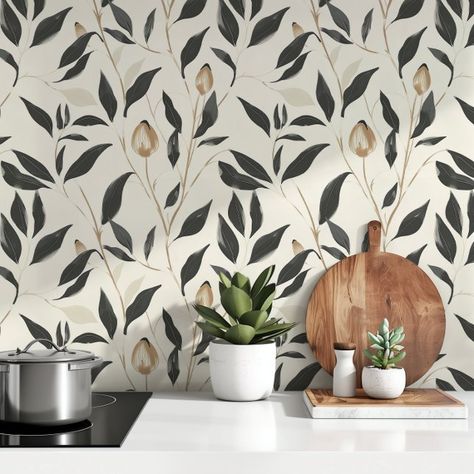 Enhance your home decor with the "Modern Botanical Serenity" peel and stick wallpaper. This elegant wallpaper features a contemporary floral design with delicate leaves and buds in a sophisticated palette of black, beige, taupe, and cream. The intricate botanical motifs provide a harmonious and calming aesthetic, making it perfect for any room that needs a touch of nature-inspired beauty. Ideal for living rooms, bedrooms, or dining areas Kitchen Nook Wallpaper Ideas, Modern Farmhouse Dining Room Wallpaper, Modern Botanical Wallpaper, Large Print Floral Wallpaper, Boho Kitchen Wallpaper, Wallpapered Pantry Ideas, Wallpaper For Kitchen The Wall, Wallpaper For Dining Room Accent Walls, Wallpaper Pantry Interior