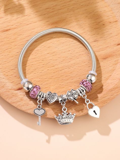 Silver Bracelet For Women, Embellished Fashion, Charms Pandora, Bracelet Pandora, The Bangles, Bracelets Design, Bohemian Bracelets, Key Lock, Bangle Bracelets With Charms