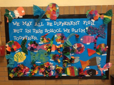 Diversity bulletin board, get residents to make the fish and make it summer themed! #flsouthernra Diversity Bulletin Board Elementary, Multicultural Bulletin Board, Diversity Display, Diversity Bulletin Board, Diversity Activities, Harmony Day, Class Displays, Ra Ideas, School Displays