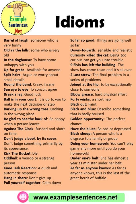 25 Idioms and Definitions - Example Sentences Improve English Writing, Common Idioms, Speak Fluent English, So Far So Good, English Phrases Idioms, Idioms And Phrases, Learn English Grammar, Interesting English Words, Good Vocabulary Words