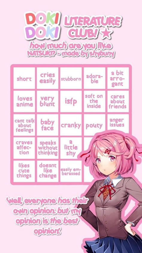 Natsuki Ddlc, I Need To Pee, Psychological Horror, Literature Club, Crazy Girls, Meme Template, Silly Pictures, Bingo Cards, I Have No Friends