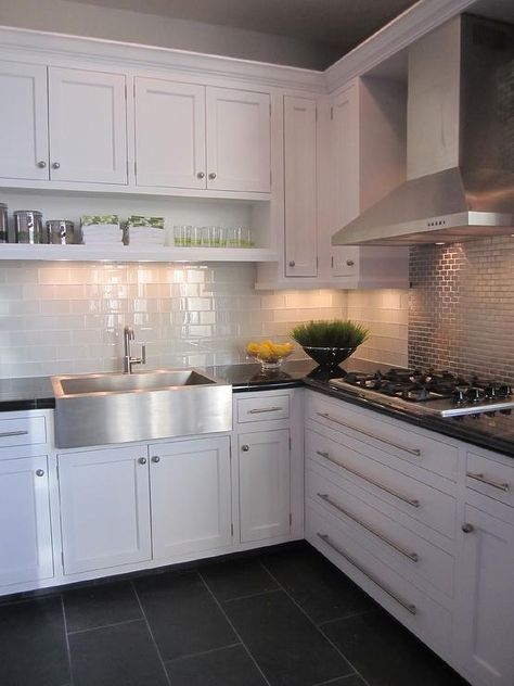 Like the two different tiles for the backsplash, shelf under the cabinet. I think I like the crown in front of the hood. Not sure. Grey Kitchen Floor Tiles, Grey Kitchen Floor, Серая Кухня, Kitchen Floor Tile, Grey Flooring, Transitional Kitchen, Kitchen Redo, Trendy Kitchen, White Kitchen Cabinets