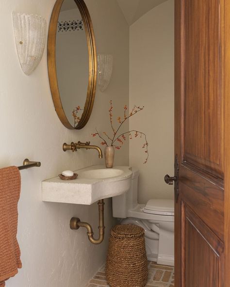 Boho Bathroom Mirror, Floating Vessel Sink, Fun Powder Room Ideas, Old Spanish Style Homes, Spanish Revival Interior, Spanish Revival Home, Hacienda Style Homes, Spanish Style Home, Hacienda Style