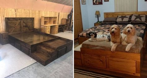 This wooden king bed by Country Creations Pine Furniture comes with a dog bed extension with stairs, storage drawers, and nightstands. Bed Extensions For Dogs, Bed Height Dog Bed, Dog Bed Extension Of Human Bed, Dog Bed Under Bed, Bed Extension For Dog, Dog Bed Extension, Wooden King Bed, Stairs Storage Drawers, Diy Platform Bed Plans