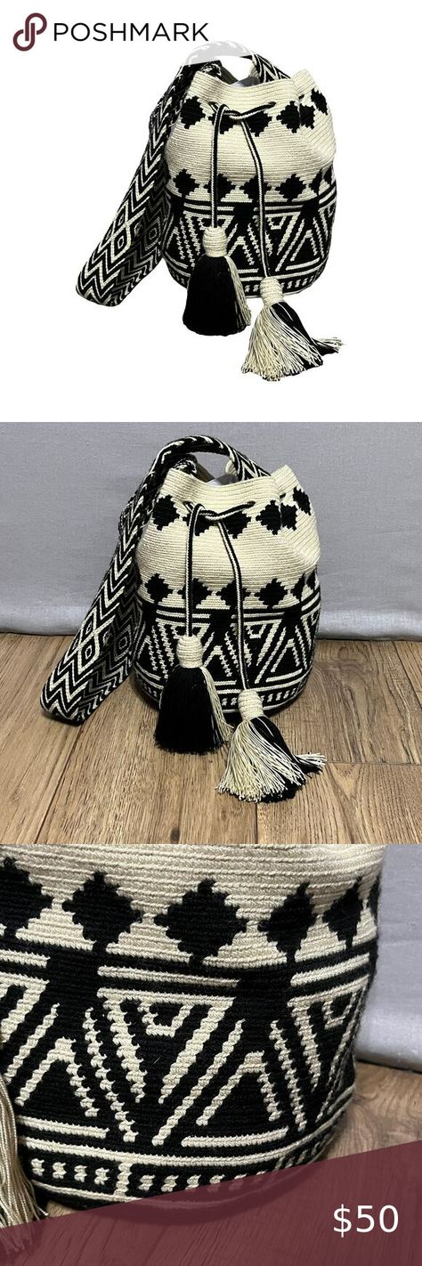 Chila Bags Wayuu Geometric Print Black Tan Woven Drawstring Bucket Bag Chila Bags, Drawstring Bucket Bag, Black Tan, Black Cream, Black And Tan, Geometric Print, Bucket Bag, Size Medium, Handbags