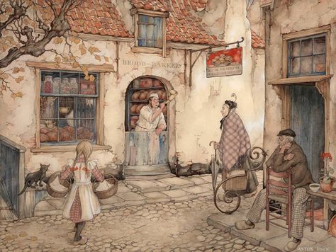 Anton Pieck（Dutch artist　1895ー1987）「The Bakery」 Grayscale Art, Colouring Pictures, Anton Pieck, Carl Larsson, Image 3d, Cross Stitch Supplies, Dutch Painters, Grayscale Coloring, Story Characters