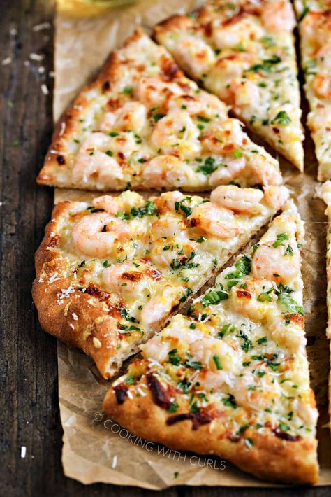 Garlic Shrimp Pizza Shrimp Avocado Recipes, Seafood Pizza Recipes, Shrimp Pizza, Pizza Cooking, Seafood Pizza, Homemade Crust, Recipe Shrimp, Garlic Shrimp Pasta, Cooking Pizza