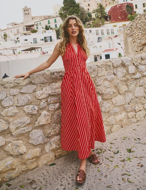 Striped Linen Dress, Pinstriping Designs, Iconic Dresses, Parisian Fashion, Fashion Videos, Holiday Dress, Red Stripe, Black Linen, Day Dress