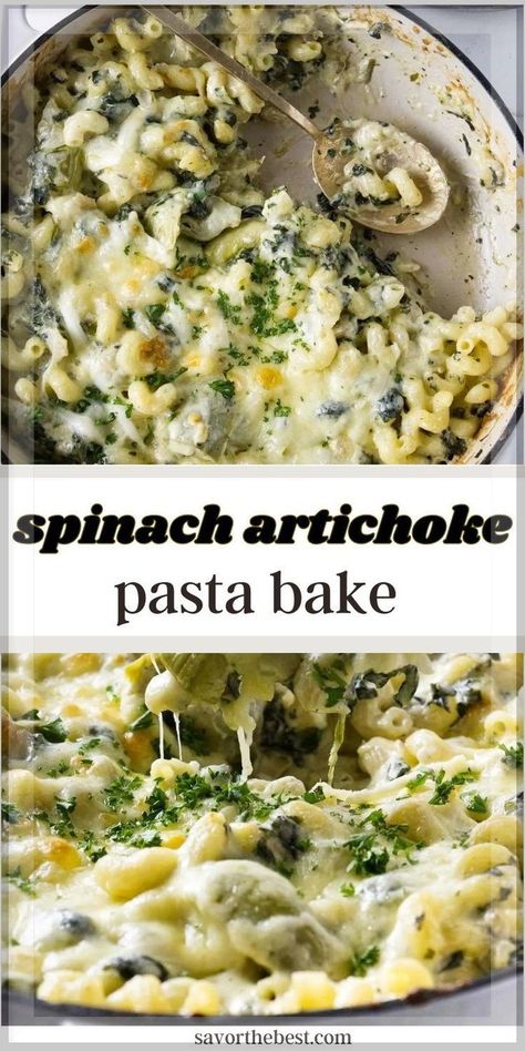 Creamy, cheesy and savory, our Spinach Artichoke Pasta Bake is a delicious, easy pasta dish! It’s the perfect easy comfort food casserole that borrows hearty flavors from everyone’s favorite spinach artichoke dip. Spinach, cream cheese and artichokes along with four types of cheeses create a rich and creamy sauce for tender pasta. Spinach Artichoke Pasta Bake, Artichoke Pasta Bake, Comfort Food Casserole, Spinach Cream Cheese, Spinach Pasta Bake, Spinach Artichoke Pasta, Cream Cheese Pasta, Healthy One Pot Meals, Baked Artichoke