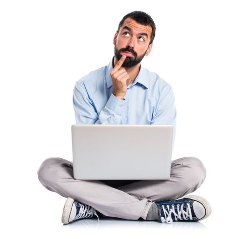 Man with laptop thinking | Free Photo #Freepik #freephoto #business Man With Laptop, Thinking Photos, Thinking Pose, Print Design Template, Medical Business, Thinking Man, Geothermal Energy, Business Photoshoot, Help The Environment