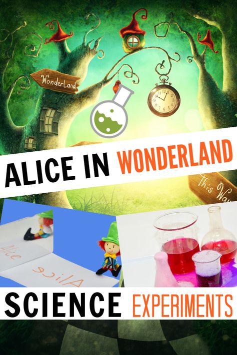 collection of easy Alice in Wonderland science experiments, great for World Book Day or a fun science activity related to a book. Alice In Wonderland Games, Mad Hatter Day, Toddler Fine Motor Activities, Stem Activities Kindergarten, Alice In Wonderland Crafts, Baking Soda And Vinegar, Alice In Wonderland Book, Alice's Adventures In Wonderland, Science Activity