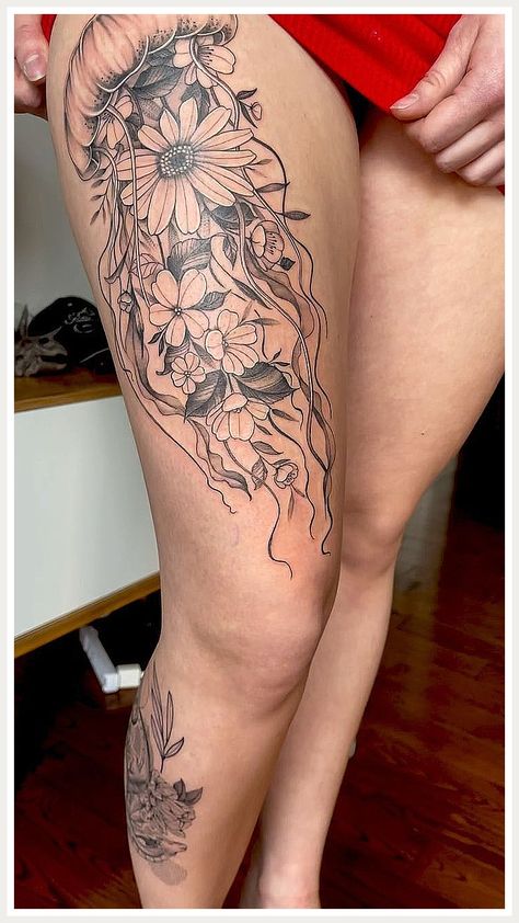 Tattoos For Woman - Never lose this opportunity to get what you need - buy NOW and have what you need and deserve! Sea Animal Hip Tattoo, Flower Front Thigh Tattoos, Jelly Fish Tattoo With Flowers, Jellyfish Tattoo On Thigh, Jellyfish And Flower Tattoo, Jelly Fish Thigh Tattoo, Turtle Thigh Tattoo, Nature Thigh Tattoo, Jellyfish Thigh Tattoo