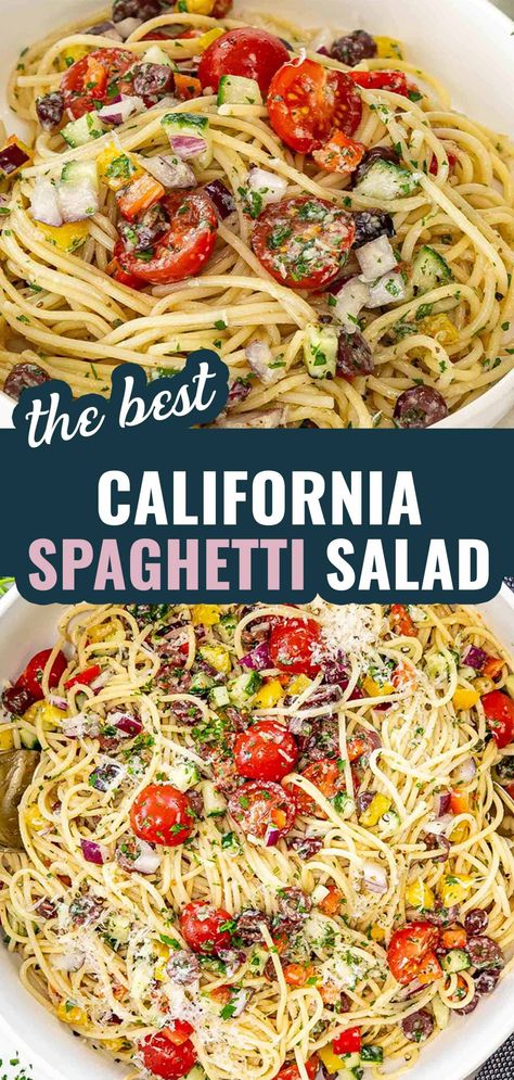 Summer Spaghetti Recipe, Summer Meal Salads, Spaghetti Summer Salad, Main Dish Salads Meals, Linguini Pasta Salad Recipes, Cold Pasta Salads For Summer, Italian Healthy Recipes, Cold Foods For Summer, Cold Dinners For Summer