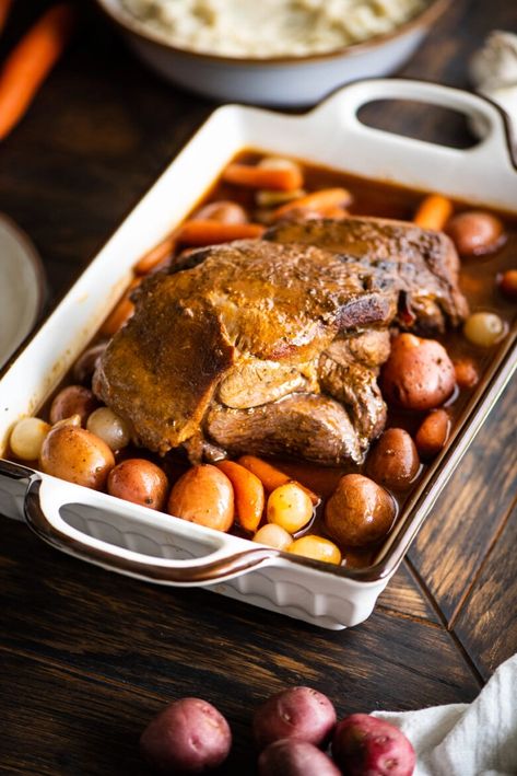 Red Wine Braised Leg of Lamb | Dude That Cookz Lamb Braised, Braised Leg Of Lamb, Easter Sides, Lamb Leg Recipes, Carrots Potatoes, Easter Dishes, Pearl Onions, Braised Lamb, Leg Of Lamb