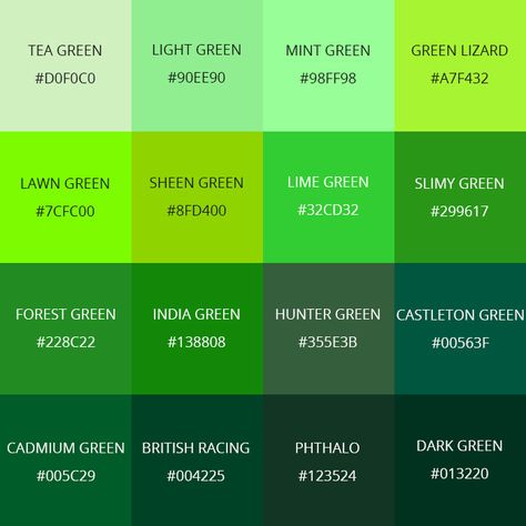 99 Shades of Green Color with Names, HEX, RGB, & CMYK Light Green Color Code, Green Names, Hex Green, Green Hex Code, Green Color Names, Neon Prom Dresses, Birth Colors, Green Name, The Color Green