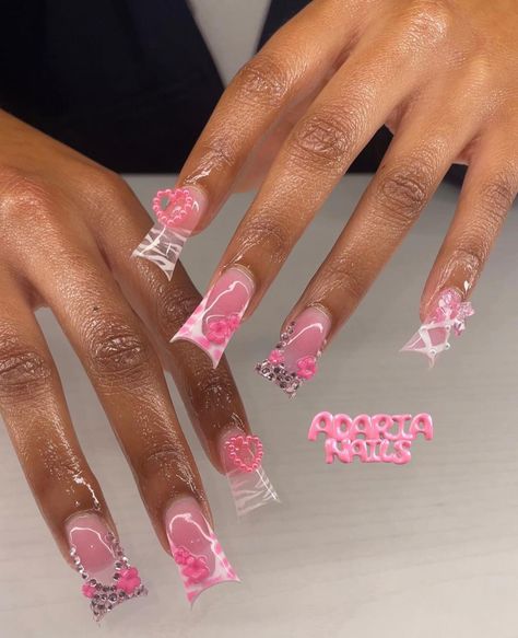 Valentines Nails French, Nail Inspo Hello Kitty, Duck Nails Short, French Tip Nails Pink, Azul Nails, Nails Sanrio, Nails Freestyle, Black Acrylic Nails, Punk Nails