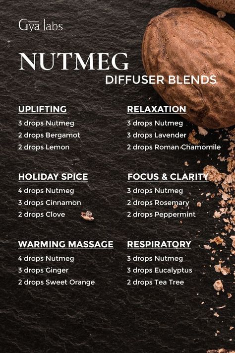 Image showcasing a collection of nutmeg essential oil blends, symbolizing serenity and warmth, with elements of relaxation, rejuvenation, and cozy vibes.
#GyaLabs #Nutmeg #NutmegEssentialOil #Oils #EssentialsOils #Aroma #Diffuser #Blends #Beauty #Cosmetic #Aromatheraphy #Relaxation #Diffuserblends #Essentialoilblends Nutmeg Oil, Nutmeg Essential Oil, Top Essential Oils, Relaxing Essential Oils, Candles Making, Essential Oil Diffuser Blends Recipes, Young Living Essential Oils Recipes, Diy Aromatherapy, Essential Oil Diffuser Recipes