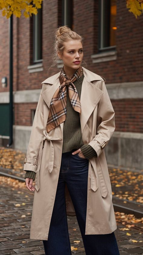 Discover the perfect autumn look with our model showing off a stylish beige trench coat, paired beautifully with a brown plaid scarf that adds a trendy twist. Underneath, a warm green knit sweater brings a pop of color, while dark blue jeans keep it casual and chic. Her hair is elegantly styled in a bun, making this outfit ideal for a day out.🍂✨ #FallFashionTrends #TrenchCoat #StreetStyle #FallFashion #autumnfashion Trench Coat Scarf Outfit, Beige Trench Coat Outfit Fall, Beige Trench Coat Outfit, Trench Coat Outfit Fall, Colorfull Style, Bun Making, Cozy City, Fall Coat Outfit, Coat Outfit Casual