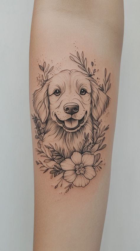 Dog Memorial Tattoo, Dog Tattoo Design, Golden Retriever Tattoo, Black And White Flower Tattoo, Retriever Tattoo, Dog Portrait Tattoo, Dog Tattoo Ideas, Getting A Dog, Dog Print Tattoo