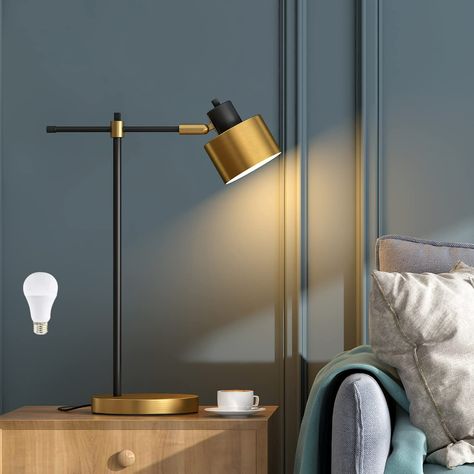 OYEARS Modern Desk Lamp for Reading LED 22.25“ Metal Table Lamp Light for Office Gold and Matte Black Accent Finish 5W Bulb Included - - AmazonSmile Modern Desk Lamp Design, Light For Office, Lamps Gold, Gold Desk Lamps, Room Nightstand, Nightstand Lighting, Desk Lamp Design, Bedroom Study Room, Gold Desk