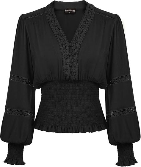 Women's Renaissance Peasant Blouse Puff Sleeve Boho Shirts Pirate Tops Black Medium at Amazon Women’s Clothing store Smocked Blouse, Smock Blouse, Smock Top, Retro Women, Peasant Blouse, Women Shirts Blouse, Lantern Sleeve, Blouse Vintage, Lantern Sleeves