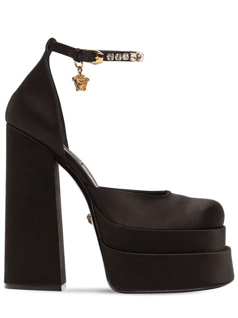 satin platform heel black with rhinestone on ankle strap with medusa gold charm Versace Pumps, Versace Heels, Platform Mary Janes, Satin Pumps, Jane Shoes, Slingback Heel, Black High Heels, Designer Heels, Platform Pumps