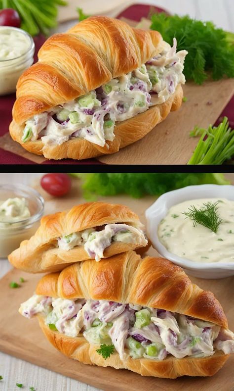 Chicken Crossiant Sandwich, Clubhouse Sandwich Recipe, Chicken Salad On Croissant, Chicken Croissant Sandwich, Chicken Salad Croissant Sandwich, Sophisticated Recipes, Ultimate Chicken Salad, Chicken Salad Croissants, Filled Croissants