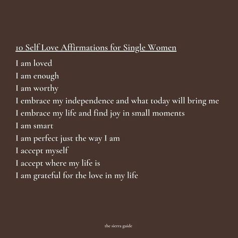 The Sierra Guide - Affirmations on Instagram: "Being single isn’t bad but you also don’t have to celebrate it. You are allowed to feel indifferent or just neutral about it. You are allowed to feel however you want 🤷‍♀️ ❤️ 10 Self Love Affirmations for Single Women ❤️ Follow @thesierraguide for more daily affirmations . . . . . . . #single #beingsingle #selfloveaffirmations #selflove #selfcare #singlegirls #singlegirl #singleagain #singlegirlies #singleera #breakup #breakups #heartbreak #affir Positive Quotes For Single Women, Single Self Love Quotes, Single Affirmations, Being Single Aesthetic, Affirmation For Single Women, Single Women Affirmations, Daily Affirmations For Women After Breakup, Single Quotes For Girls, Daily Affirmations After Breakup