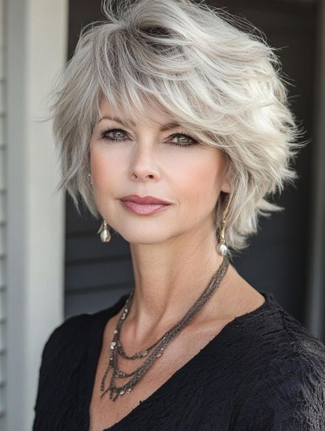 Hair Color For 60 And Over, Silver Shag Hair, Shags For Thick Hair, Hairstyles 2024 Trends Women Medium, Rock Hairstyles Medium, Shaggy Bob Hairstyles With Bangs, Hair Over 60, Hair Styles For Grey Hair, Hair Color For Women Over 60