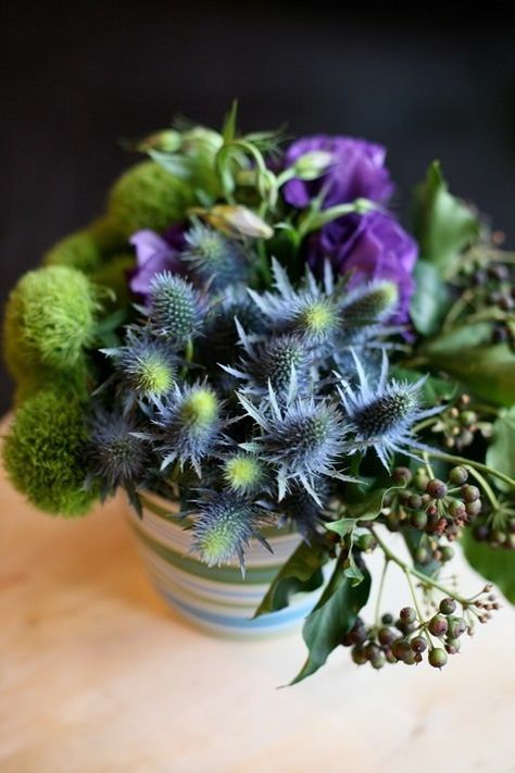 thistles Thistle Arrangement, Blue Thistle, Small Centerpieces, Sea Holly, Scottish Thistle, Colour Blocking, Deco Floral, Design Sponge, Bride Bouquets