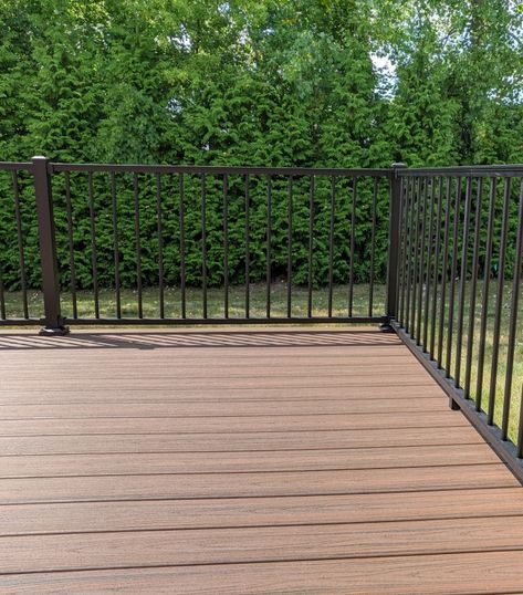 Trex Signature Railing, Brown Deck With Black Railings, Trex Deck With Black Railing, Black Deck Railing Ideas, Deck Black Railing, Trex Deck Ideas Color Schemes, Trex Spiced Rum, Trex Deck Ideas, Trex Deck Designs