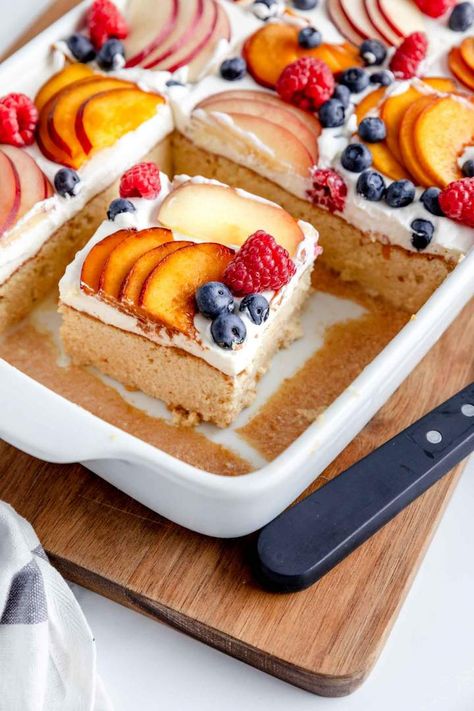 A photo of homemade Tres Leches Cake with Stone Fruit and Berries Easter Tres Leches Cake, Cakes For Picnics, Tres Leches Cake With Fruit, Summertime Desserts, Cake With Fruit, Leche Cake, Picnic Desserts, Animated Photos, Leches Cake