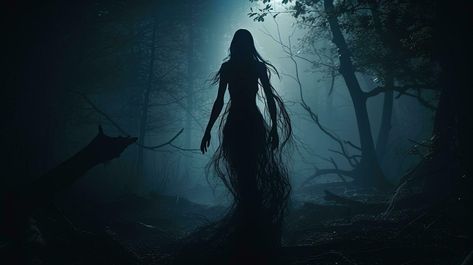 Terrifying female ghost with black hair in a dark forest. silhouette concept Forest Ghost, Female Ghost, Deep Images, Horror Photos, Forest Silhouette, Horror Stuff, Character And Setting, Forest Spirit, Forest Creatures