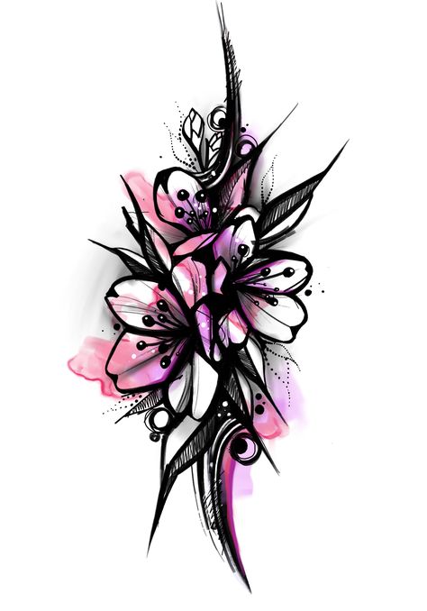 Black Tattoo With Color Accent, Black And Color Flower Tattoo, Beautiful Spine Tattoos, Thigh Piece Tattoos, Black Flowers Tattoo, Trash Polka Tattoo Designs, Spine Tattoo Ideas, Different Drawing Styles, Small Girly Tattoos